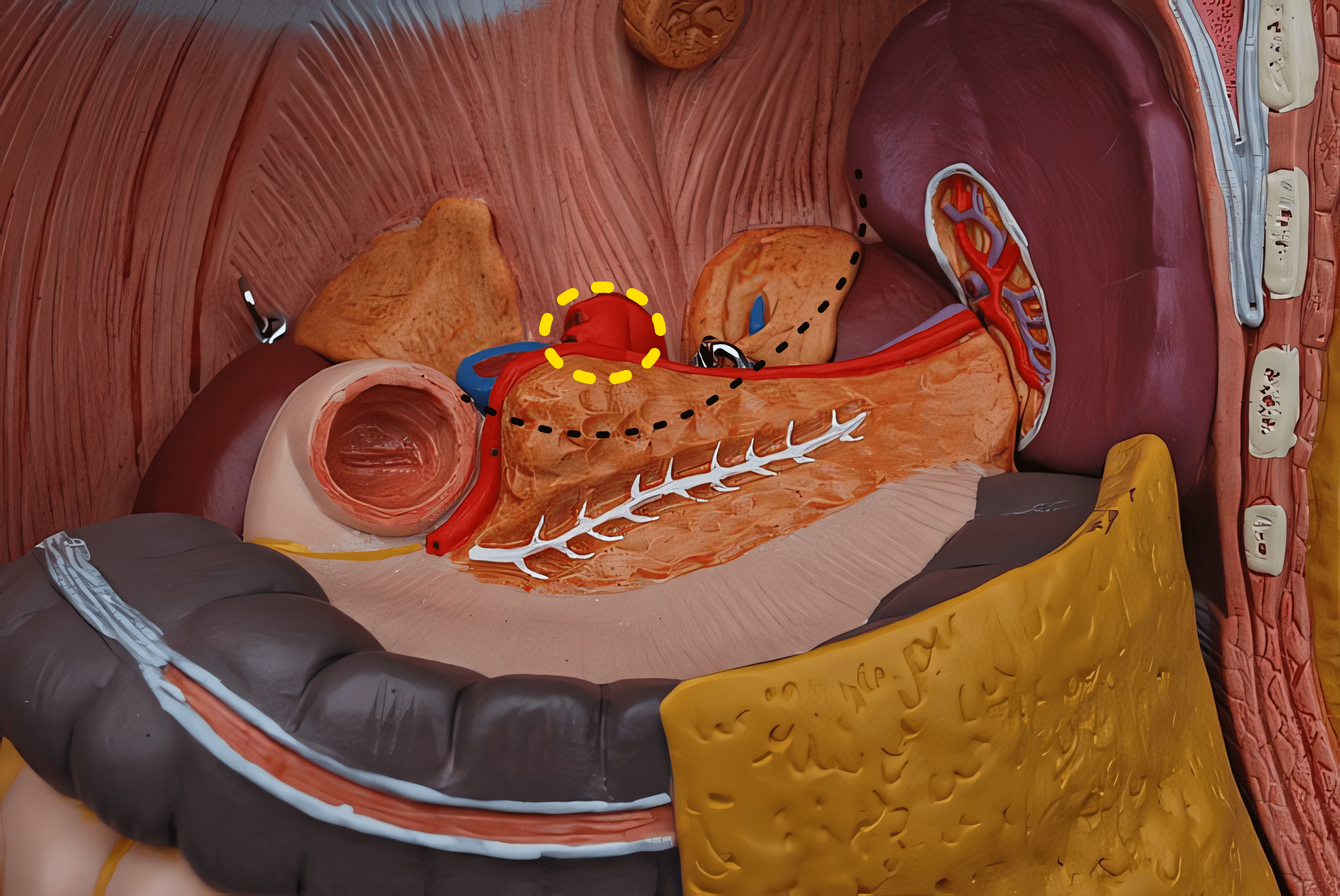 vue antérieure montrant la situation approximative du plexus cœliaque